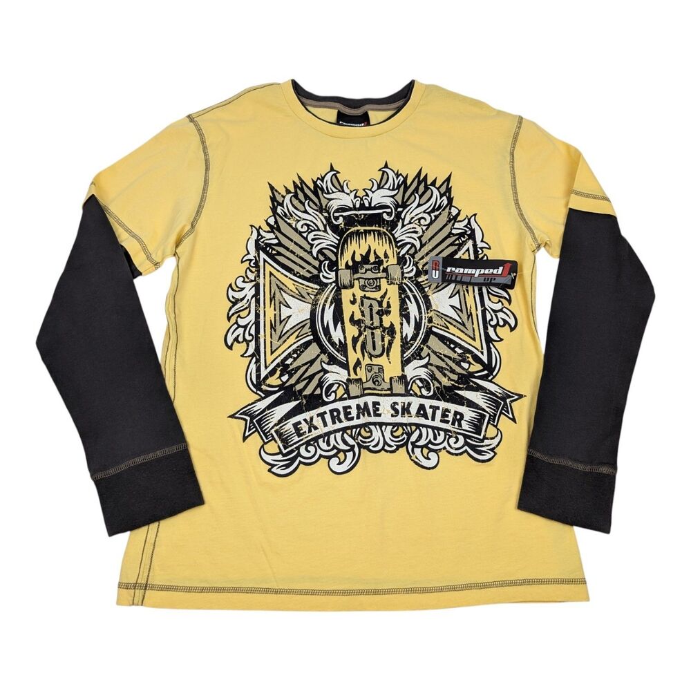 VTG Y2K Yellow‎ Skateboard Cross Layered Long Sleeve Shirt Size XL - NWT